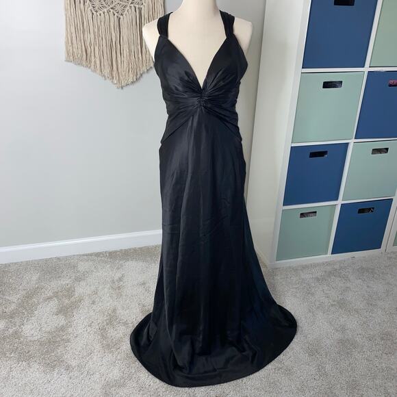 Vintage 90s La Femme Black Satin Criss Cross Cape Back Formal Gown Long Dress 6 - Picture 1 of 12